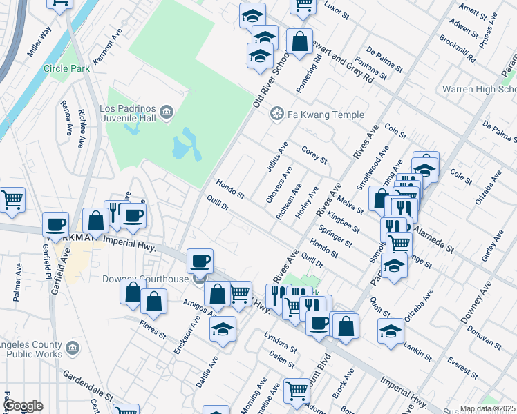 map of restaurants, bars, coffee shops, grocery stores, and more near 12347 Chavers Avenue in Downey