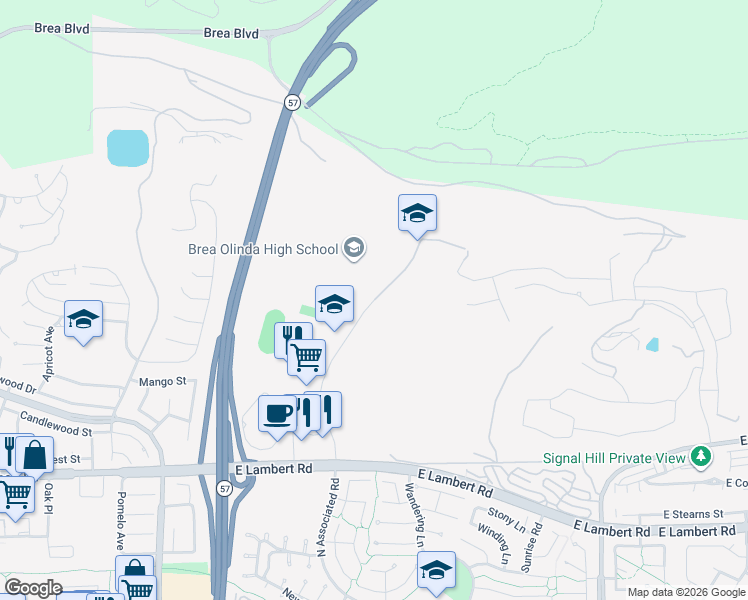 map of restaurants, bars, coffee shops, grocery stores, and more near 658 Wildcat Way in Brea