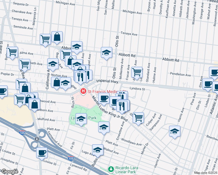 map of restaurants, bars, coffee shops, grocery stores, and more near 11022 Benwell Drive in Lynwood