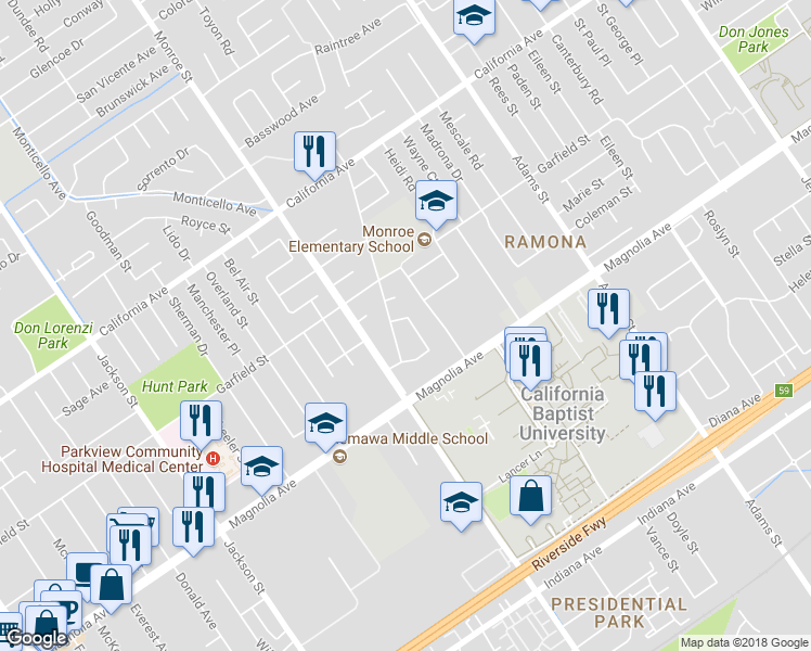map of restaurants, bars, coffee shops, grocery stores, and more near 3908 Roblynn Street in Riverside