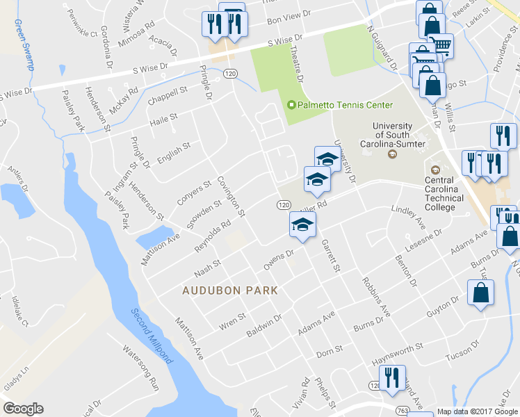 map of restaurants, bars, coffee shops, grocery stores, and more near 18 Reynolds Road in Sumter