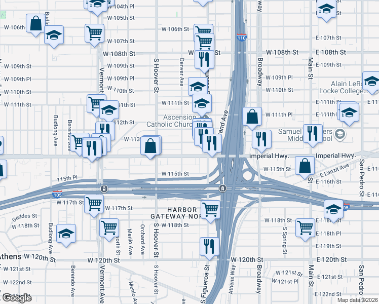 map of restaurants, bars, coffee shops, grocery stores, and more near 540 West 113th Street in Los Angeles