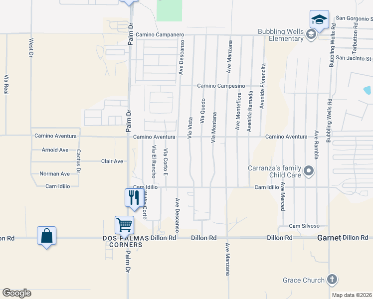 map of restaurants, bars, coffee shops, grocery stores, and more near 16125 Via Vista in Desert Hot Springs