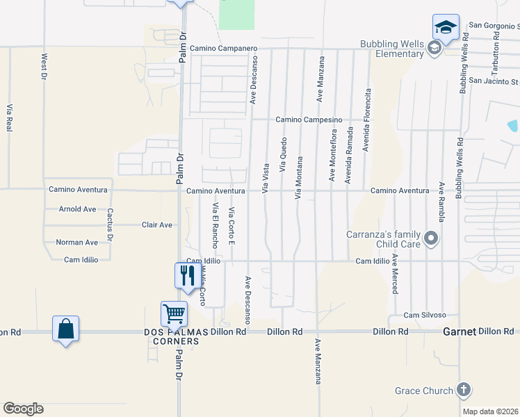 map of restaurants, bars, coffee shops, grocery stores, and more near 16125 Via Vista in Desert Hot Springs