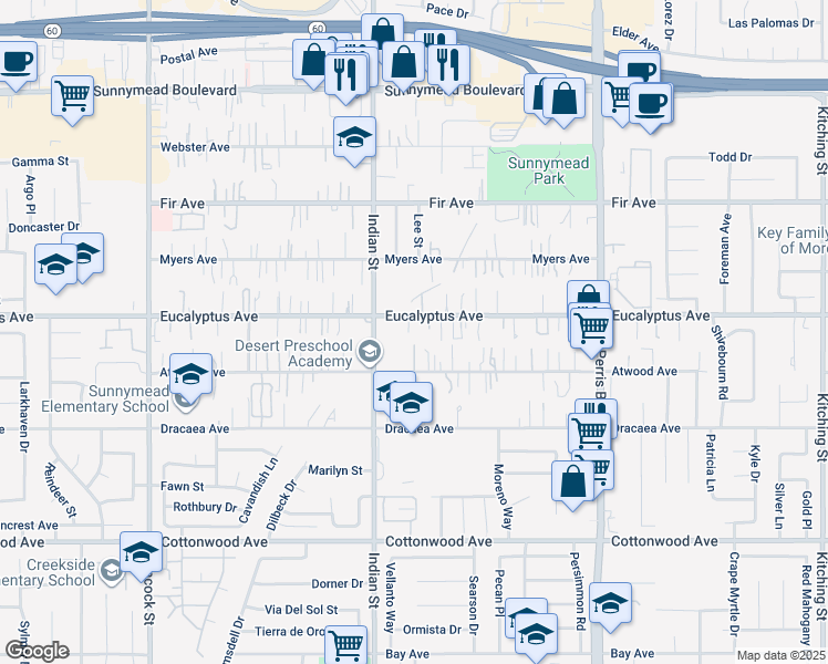 map of restaurants, bars, coffee shops, grocery stores, and more near 24563 Eucalyptus Avenue in Moreno Valley