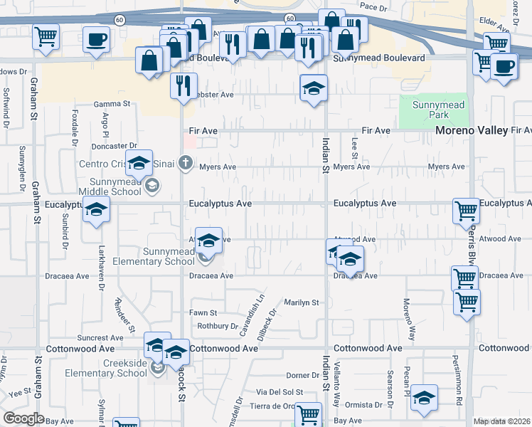 map of restaurants, bars, coffee shops, grocery stores, and more near 24295 Eucalyptus Avenue in Moreno Valley