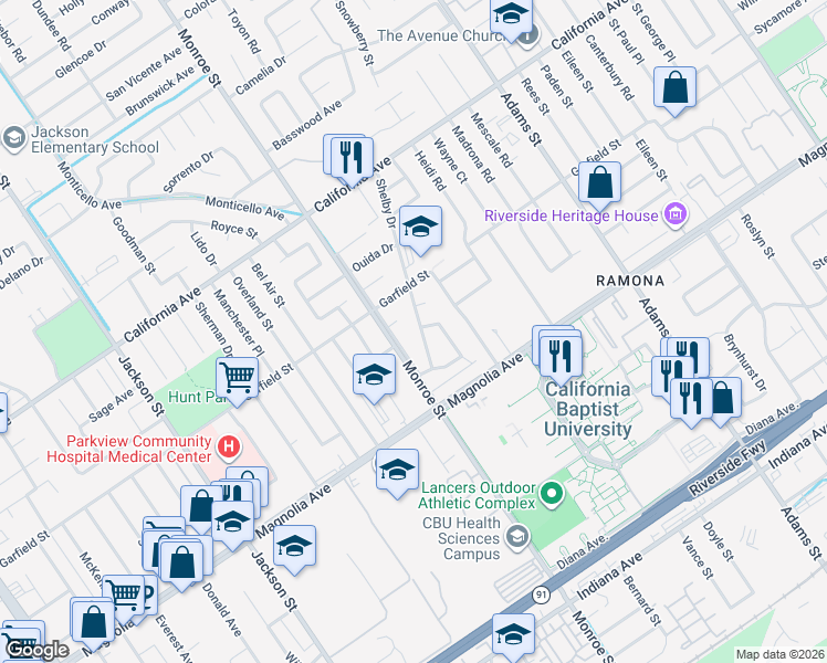 map of restaurants, bars, coffee shops, grocery stores, and more near 3908 Roblynn Street in Riverside