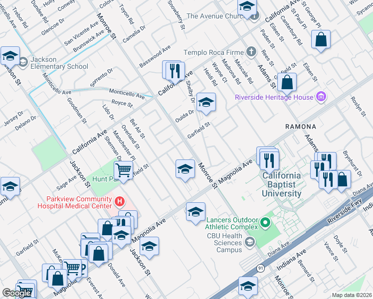map of restaurants, bars, coffee shops, grocery stores, and more near 8692 Hayden Court in Riverside