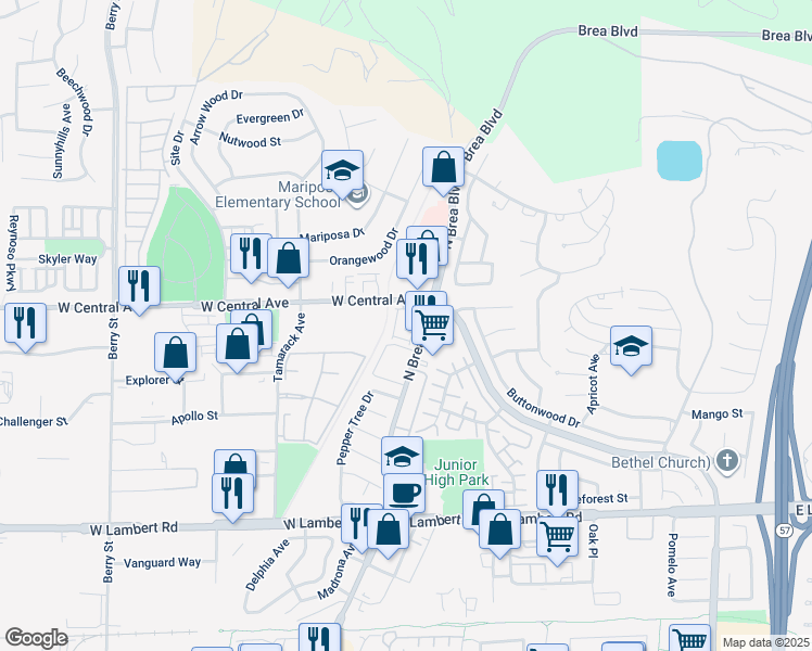 map of restaurants, bars, coffee shops, grocery stores, and more near in Brea