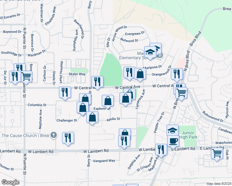 map of restaurants, bars, coffee shops, grocery stores, and more near 410 West Central Avenue in Brea