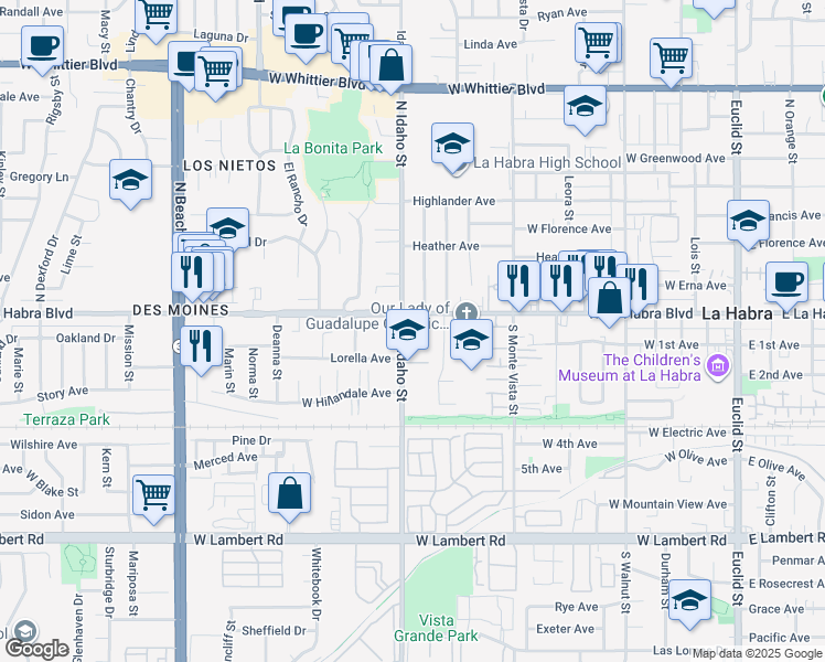 map of restaurants, bars, coffee shops, grocery stores, and more near 1100 West La Habra Boulevard in La Habra