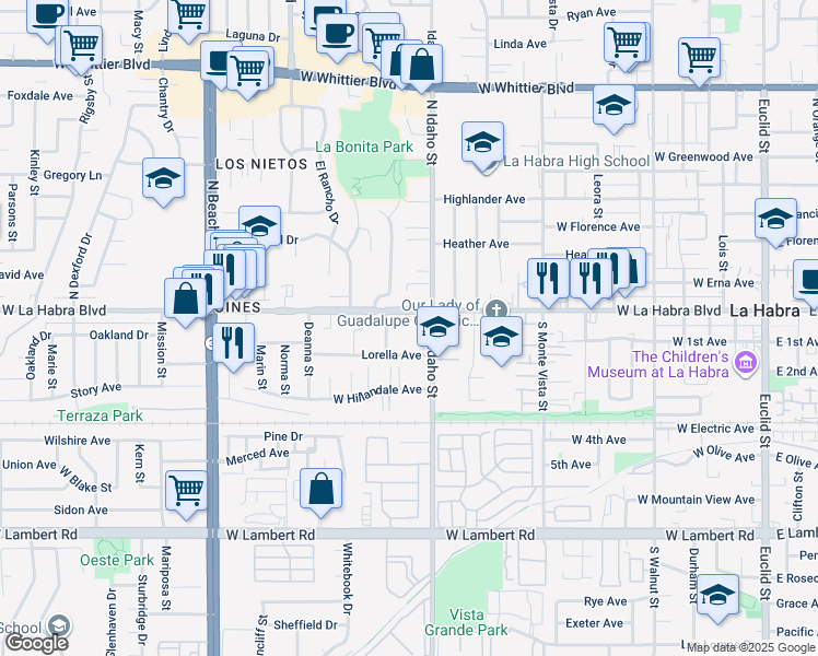 map of restaurants, bars, coffee shops, grocery stores, and more near 1220 West La Habra Boulevard in La Habra