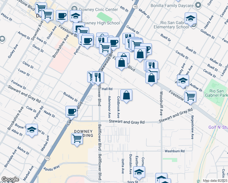 map of restaurants, bars, coffee shops, grocery stores, and more near 9116 Hall Road in Downey
