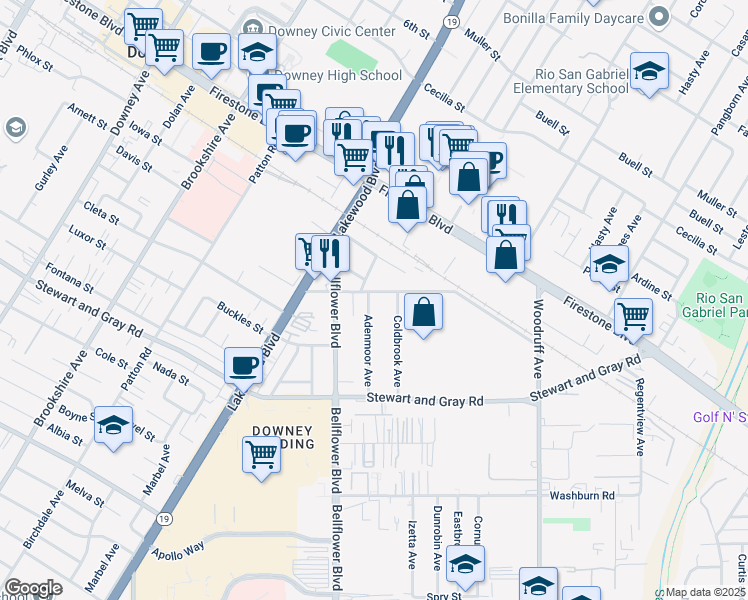 map of restaurants, bars, coffee shops, grocery stores, and more near 9117 Hall Road in Downey