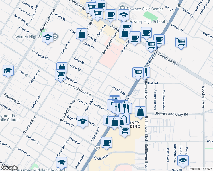 map of restaurants, bars, coffee shops, grocery stores, and more near 8629 Buckles Street in Downey