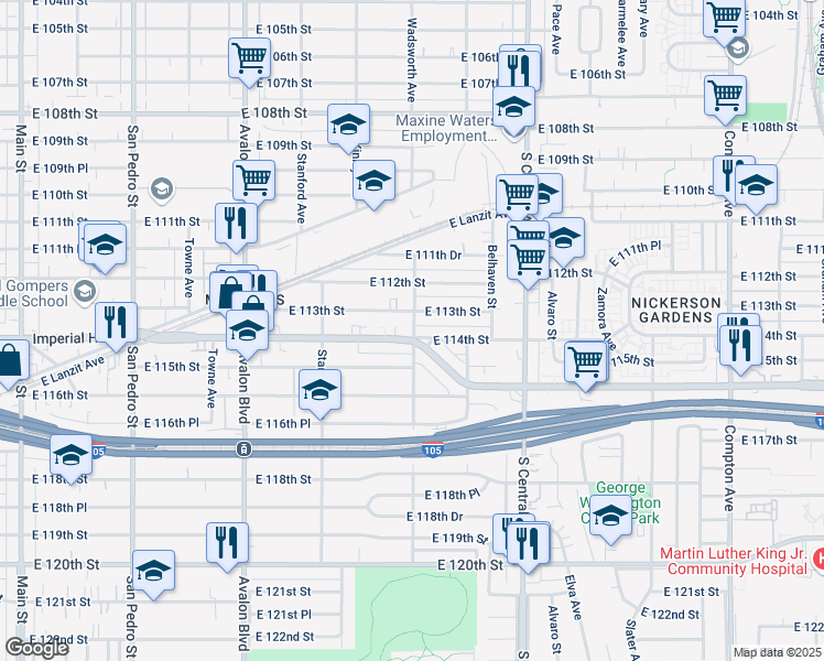 map of restaurants, bars, coffee shops, grocery stores, and more near 900 East 113th Street in Los Angeles