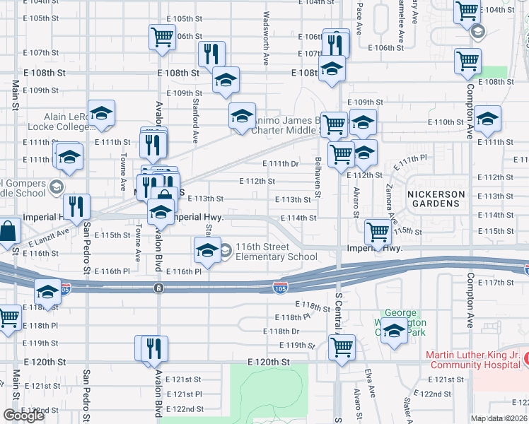 map of restaurants, bars, coffee shops, grocery stores, and more near 900 East 113th Street in Los Angeles