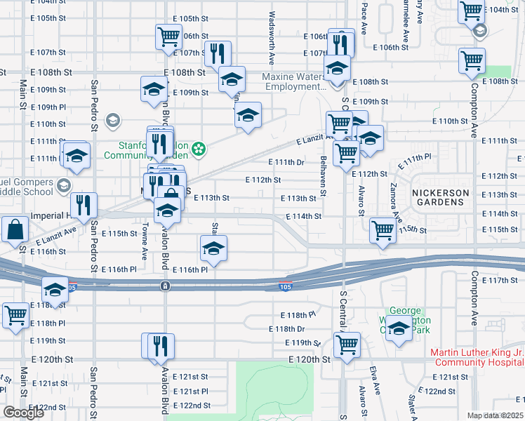 map of restaurants, bars, coffee shops, grocery stores, and more near 826 East 113th Street in Los Angeles