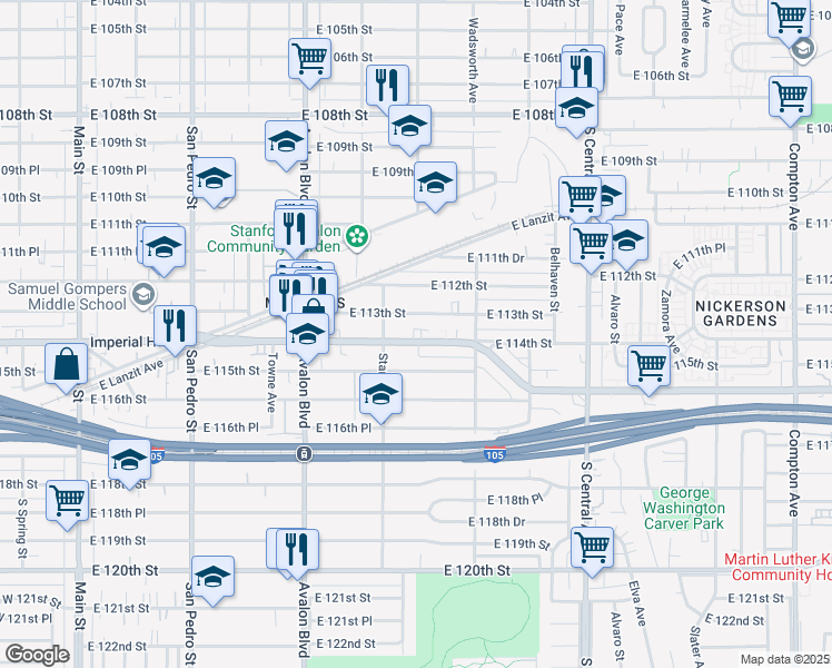 map of restaurants, bars, coffee shops, grocery stores, and more near 721 East Imperial Highway in Los Angeles