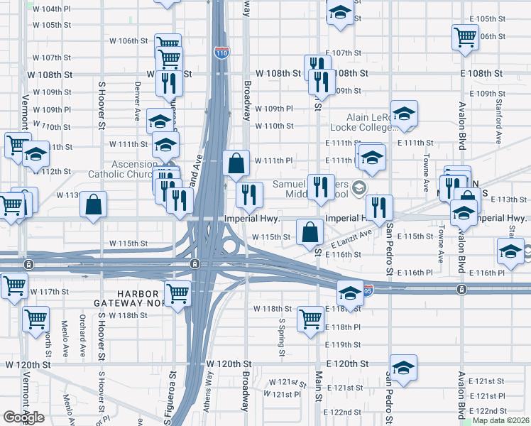 map of restaurants, bars, coffee shops, grocery stores, and more near 207 West Imperial Highway in Los Angeles