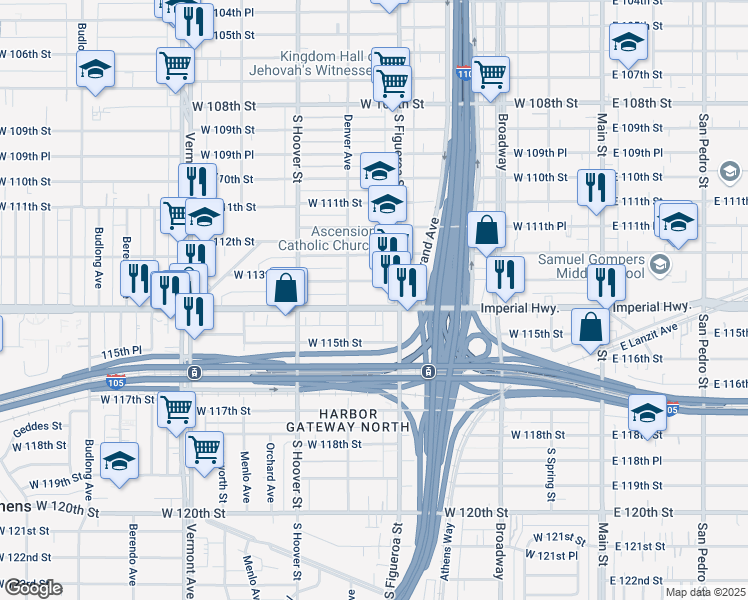 map of restaurants, bars, coffee shops, grocery stores, and more near 540 West 113th Street in Los Angeles