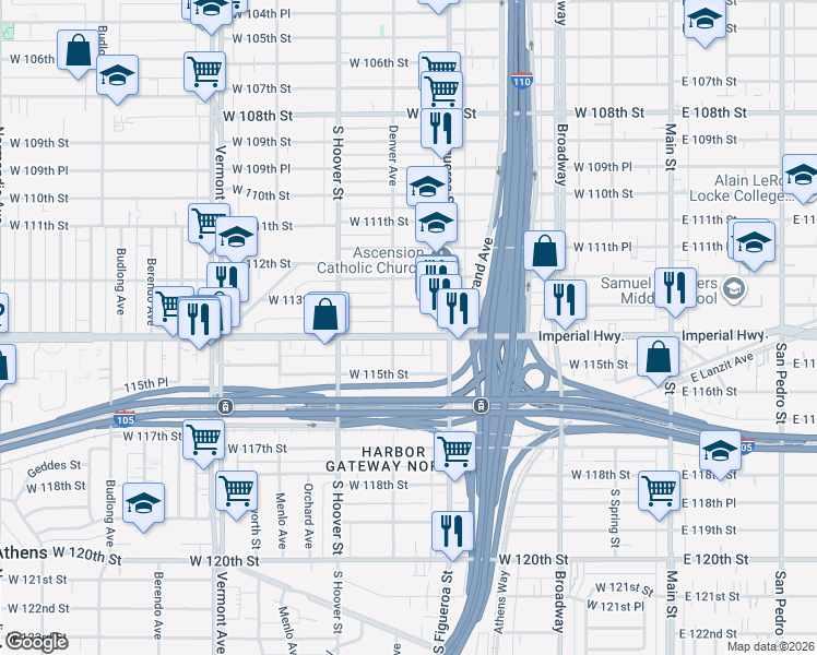 map of restaurants, bars, coffee shops, grocery stores, and more near 540 West 113th Street in Los Angeles
