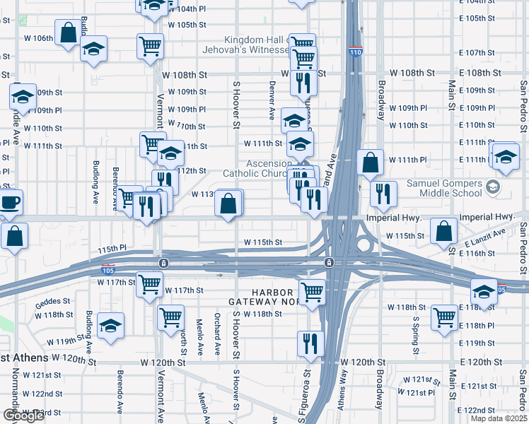 map of restaurants, bars, coffee shops, grocery stores, and more near 615 West Imperial Highway in Los Angeles