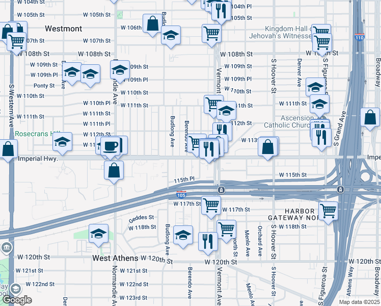 map of restaurants, bars, coffee shops, grocery stores, and more near 11245 Berendo Avenue in Los Angeles