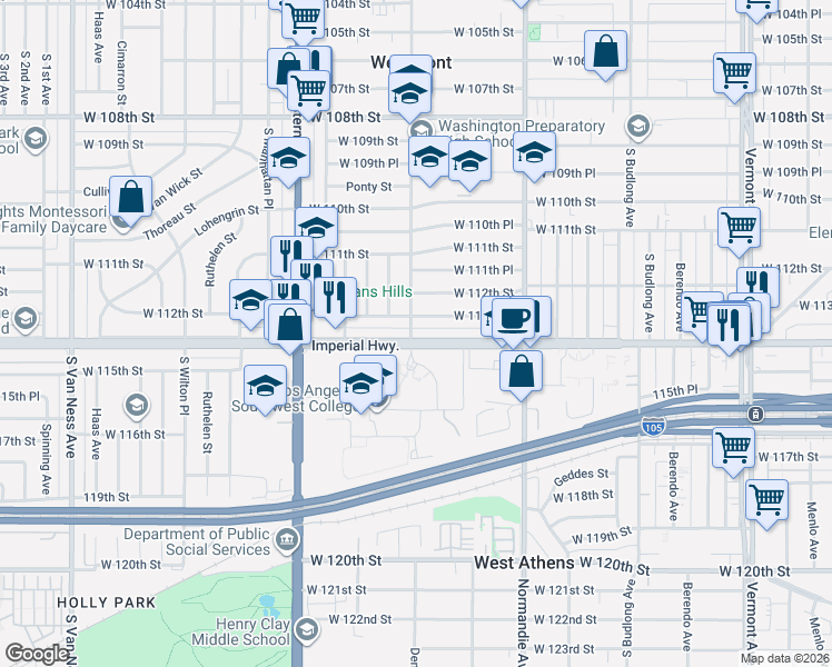 map of restaurants, bars, coffee shops, grocery stores, and more near 1602 West 113th Street in Los Angeles