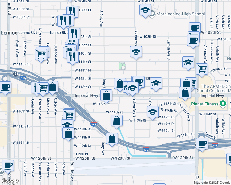 map of restaurants, bars, coffee shops, grocery stores, and more near 3714 West 113th Street in Inglewood