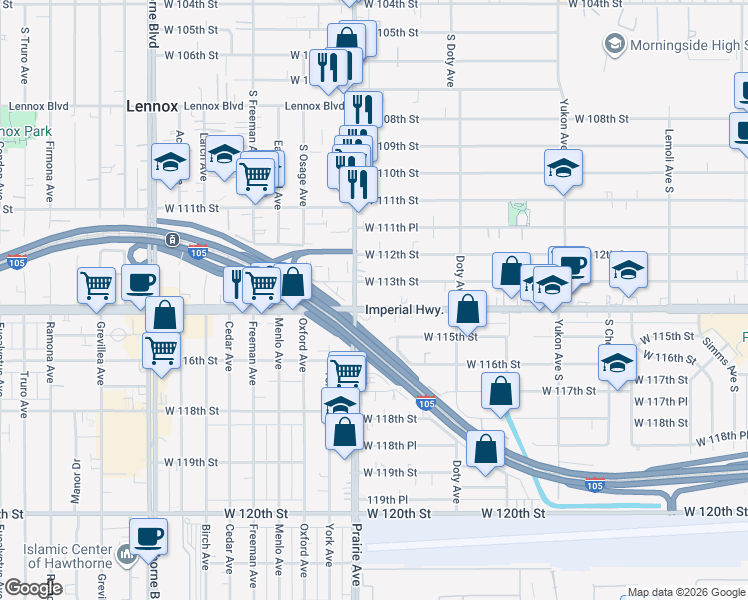 map of restaurants, bars, coffee shops, grocery stores, and more near 3920 West 113th Street in Inglewood