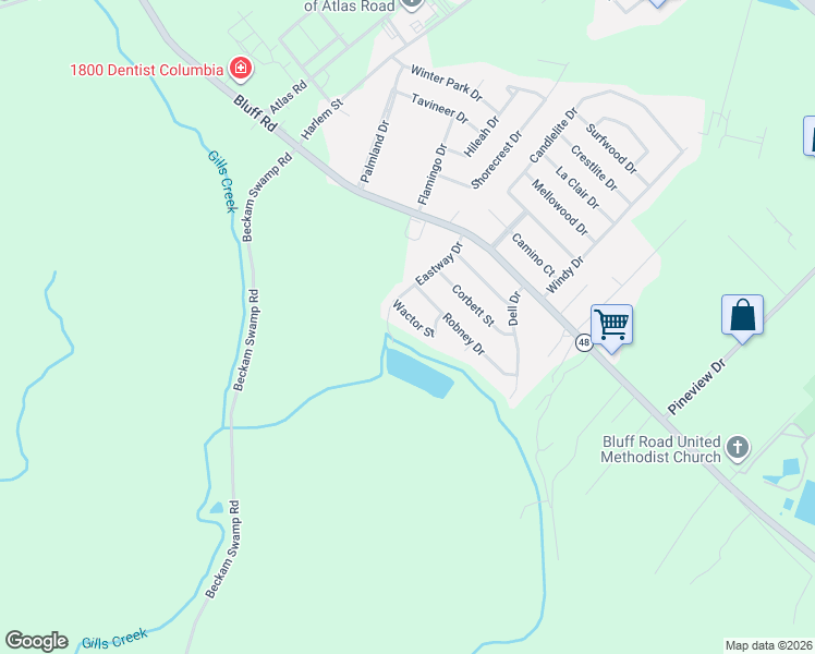 map of restaurants, bars, coffee shops, grocery stores, and more near 4513 Wactor Street in Columbia