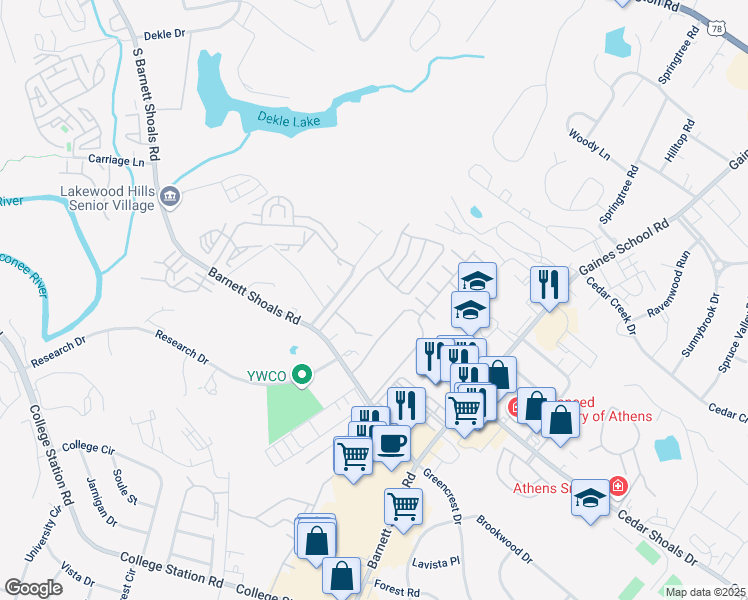 map of restaurants, bars, coffee shops, grocery stores, and more near 90 Woodsong Avenue in Athens