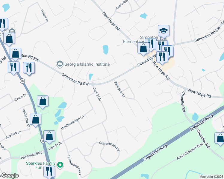 map of restaurants, bars, coffee shops, grocery stores, and more near 935 Rafington Drive in Lawrenceville