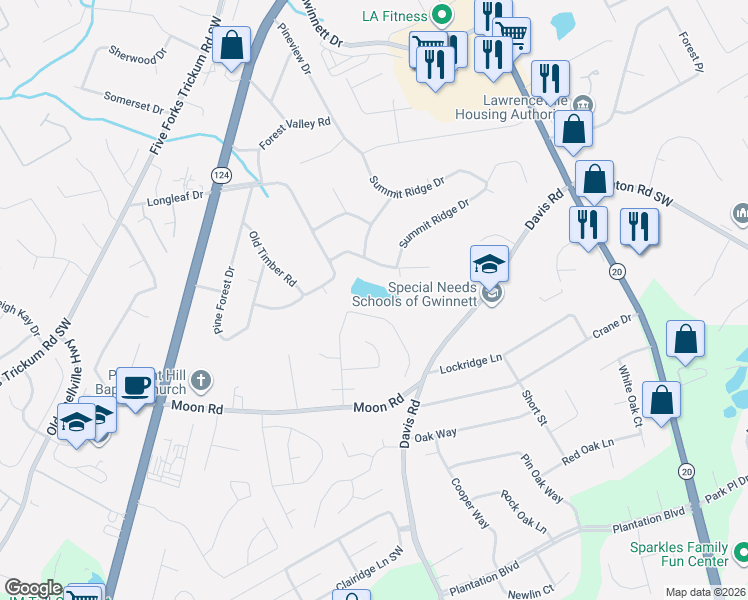 map of restaurants, bars, coffee shops, grocery stores, and more near 591 Waterstone Drive Southwest in Lawrenceville