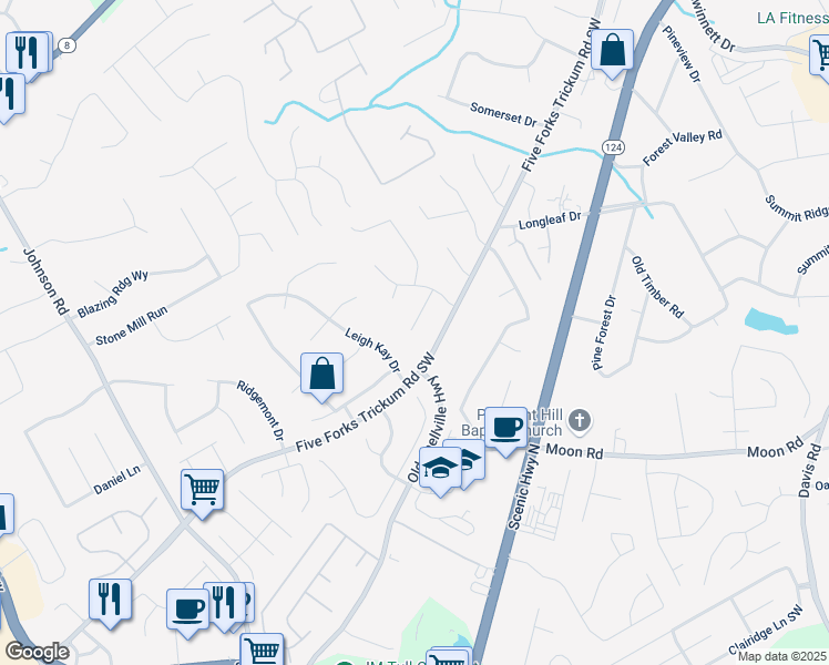 map of restaurants, bars, coffee shops, grocery stores, and more near 843 Bedford Bay Trail in Lawrenceville
