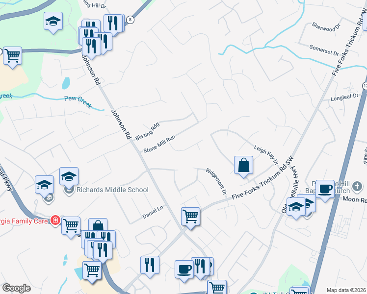 map of restaurants, bars, coffee shops, grocery stores, and more near 1127 Wildwood Lane in Lawrenceville