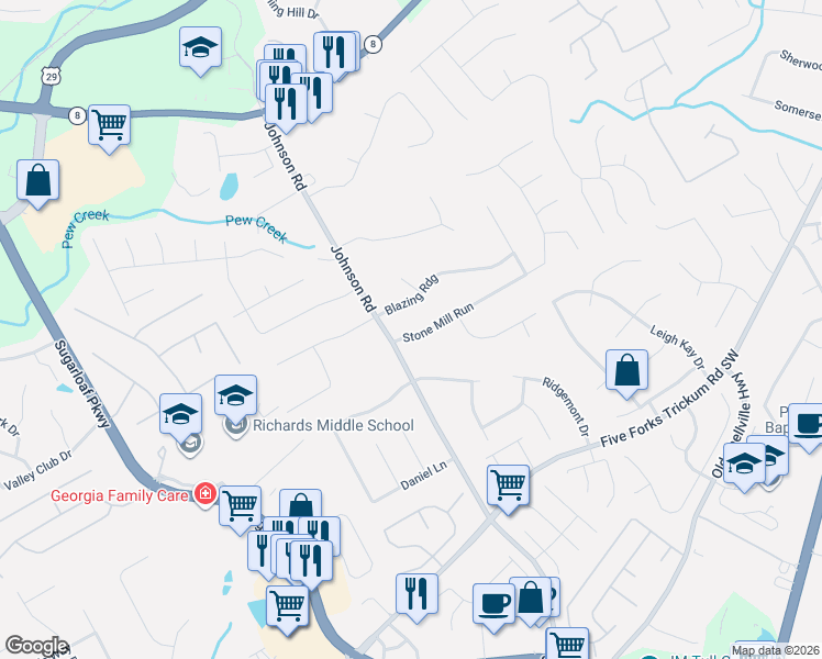 map of restaurants, bars, coffee shops, grocery stores, and more near 1185 Stone Mill Run in Lawrenceville