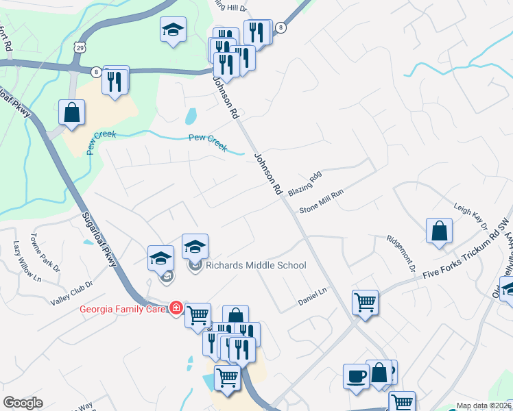 map of restaurants, bars, coffee shops, grocery stores, and more near 1243 Blazing Ridge in Lawrenceville