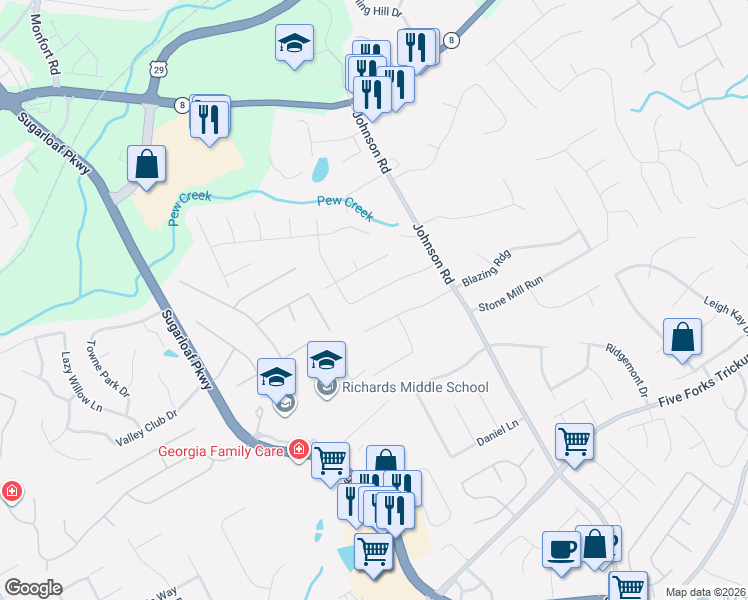 map of restaurants, bars, coffee shops, grocery stores, and more near 1280 Grayland Hills Drive in Lawrenceville