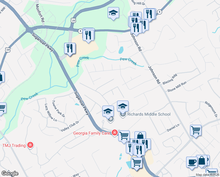 map of restaurants, bars, coffee shops, grocery stores, and more near 1486 Flagler Court Southwest in Lawrenceville