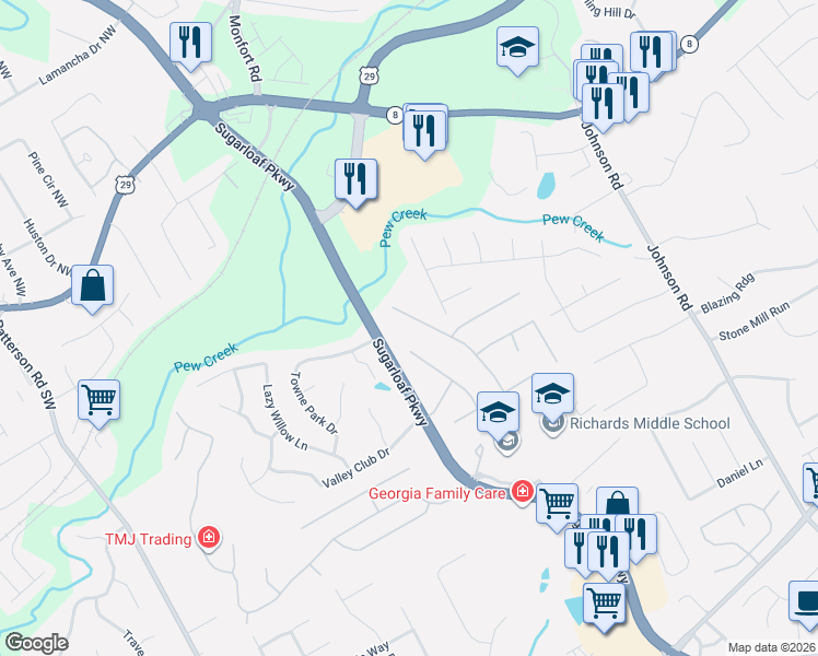 map of restaurants, bars, coffee shops, grocery stores, and more near 161 Kirkland Drive in Lawrenceville