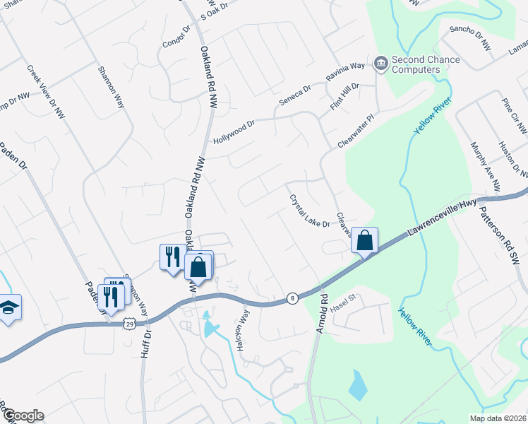 map of restaurants, bars, coffee shops, grocery stores, and more near 2147 Berkshire Terrace Northwest in Lawrenceville