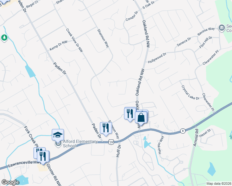map of restaurants, bars, coffee shops, grocery stores, and more near 310 Thornberry Court in Lawrenceville