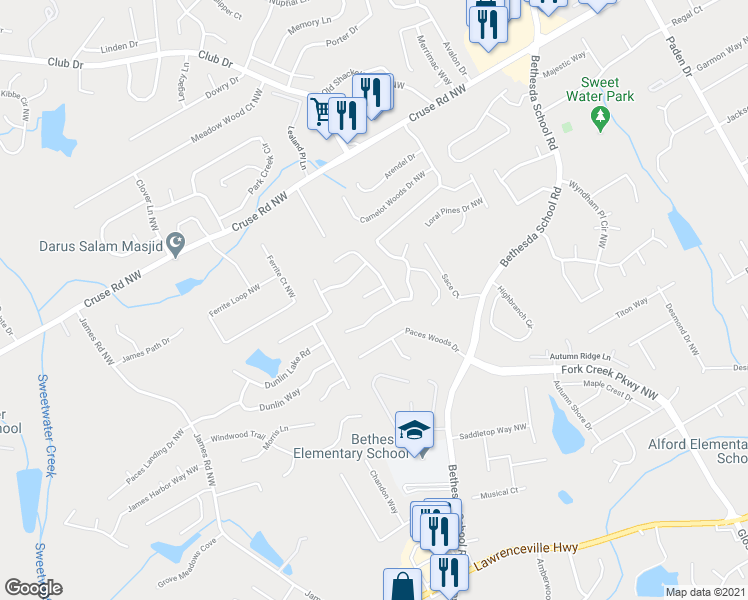 map of restaurants, bars, coffee shops, grocery stores, and more near 2921 Dunlin Court in Lawrenceville