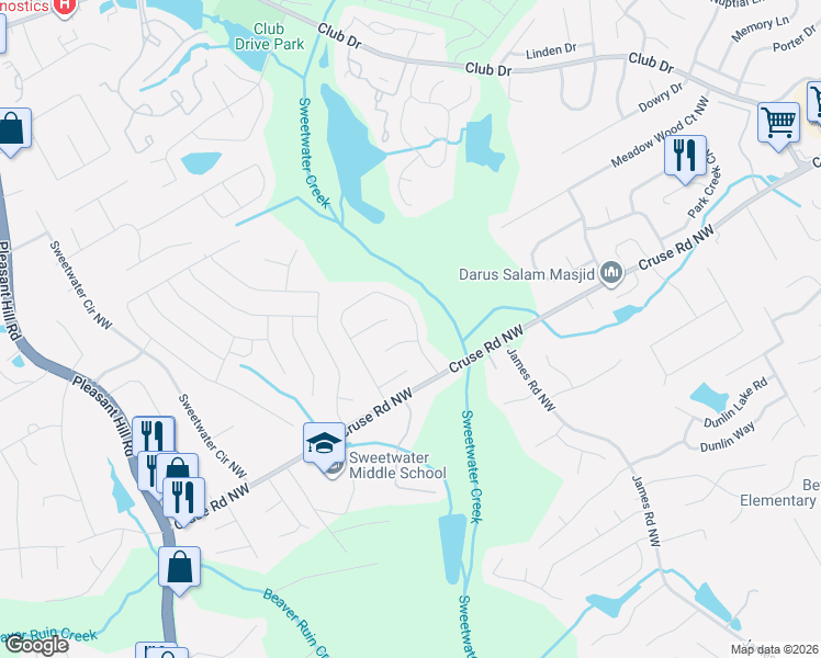 map of restaurants, bars, coffee shops, grocery stores, and more near 3304 Merlot Court in Lawrenceville