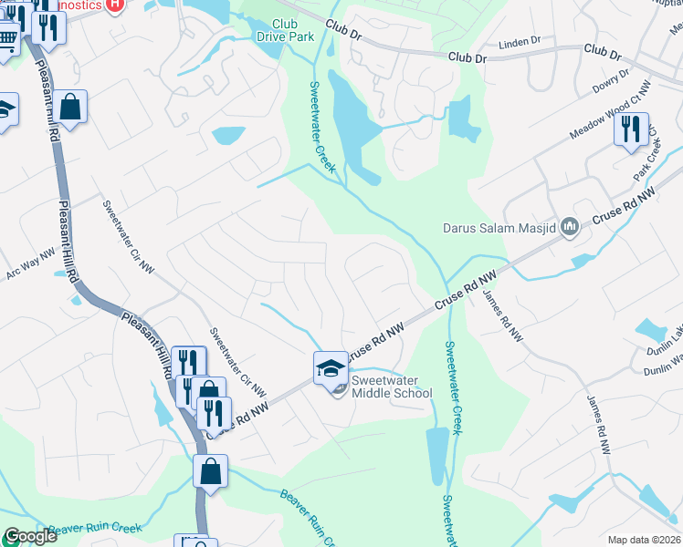map of restaurants, bars, coffee shops, grocery stores, and more near 1079 Bar Harbor Place in Lawrenceville