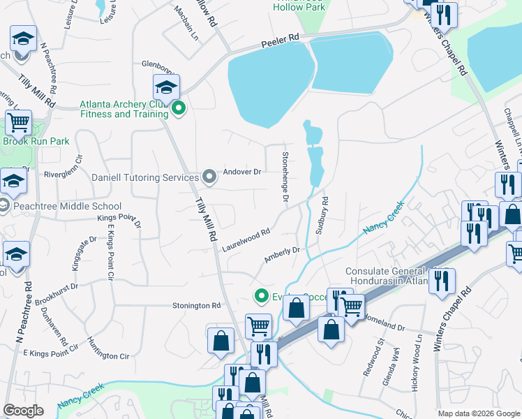 map of restaurants, bars, coffee shops, grocery stores, and more near 2668 Laurelwood Road in Atlanta