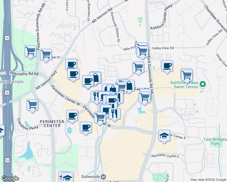 map of restaurants, bars, coffee shops, grocery stores, and more near 4601 Ridgeview Road in Atlanta