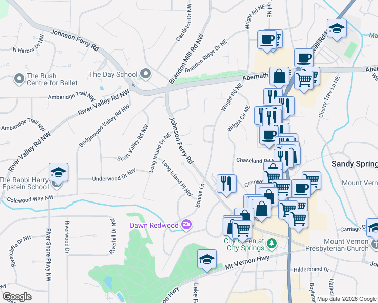 map of restaurants, bars, coffee shops, grocery stores, and more near 735 Glenferry Trail Northwest in Atlanta